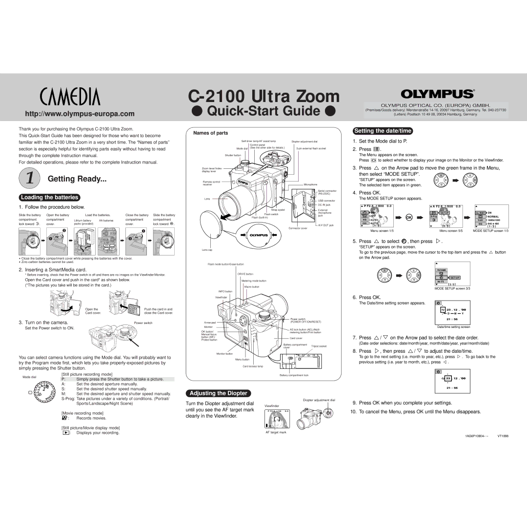 Olympus c-2100 quick start Setting the date/time, Loading the batteries, Adjusting the Diopter 
