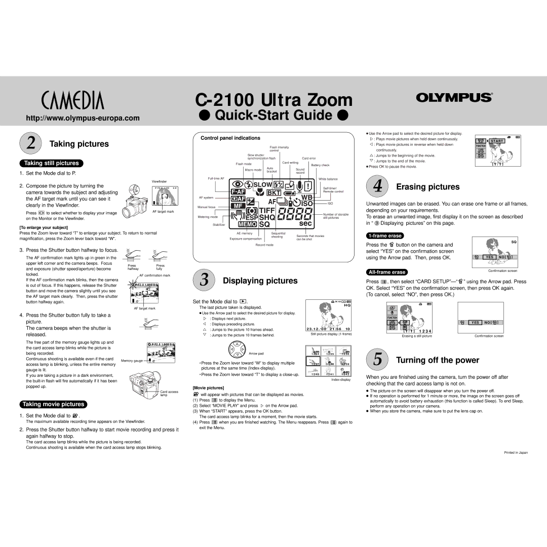 Olympus c-2100 Taking still pictures, Taking movie pictures, Set the Mode dial to P Compose the picture by turning 