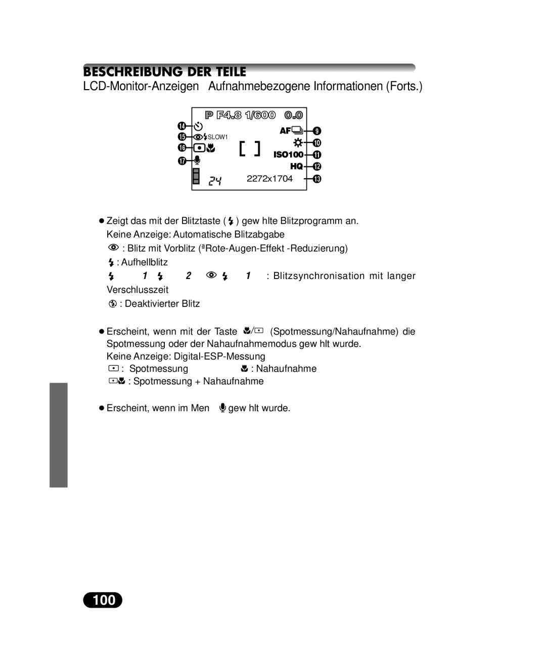 Olympus C-40 ZOOM manual 100, Blitzprogramm, Nahaufnahme/Spotmessung 