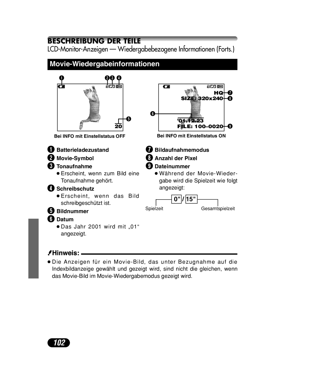 Olympus C-40 ZOOM manual 102, Batterieladezustand Movie-Symbol Tonaufnahme 