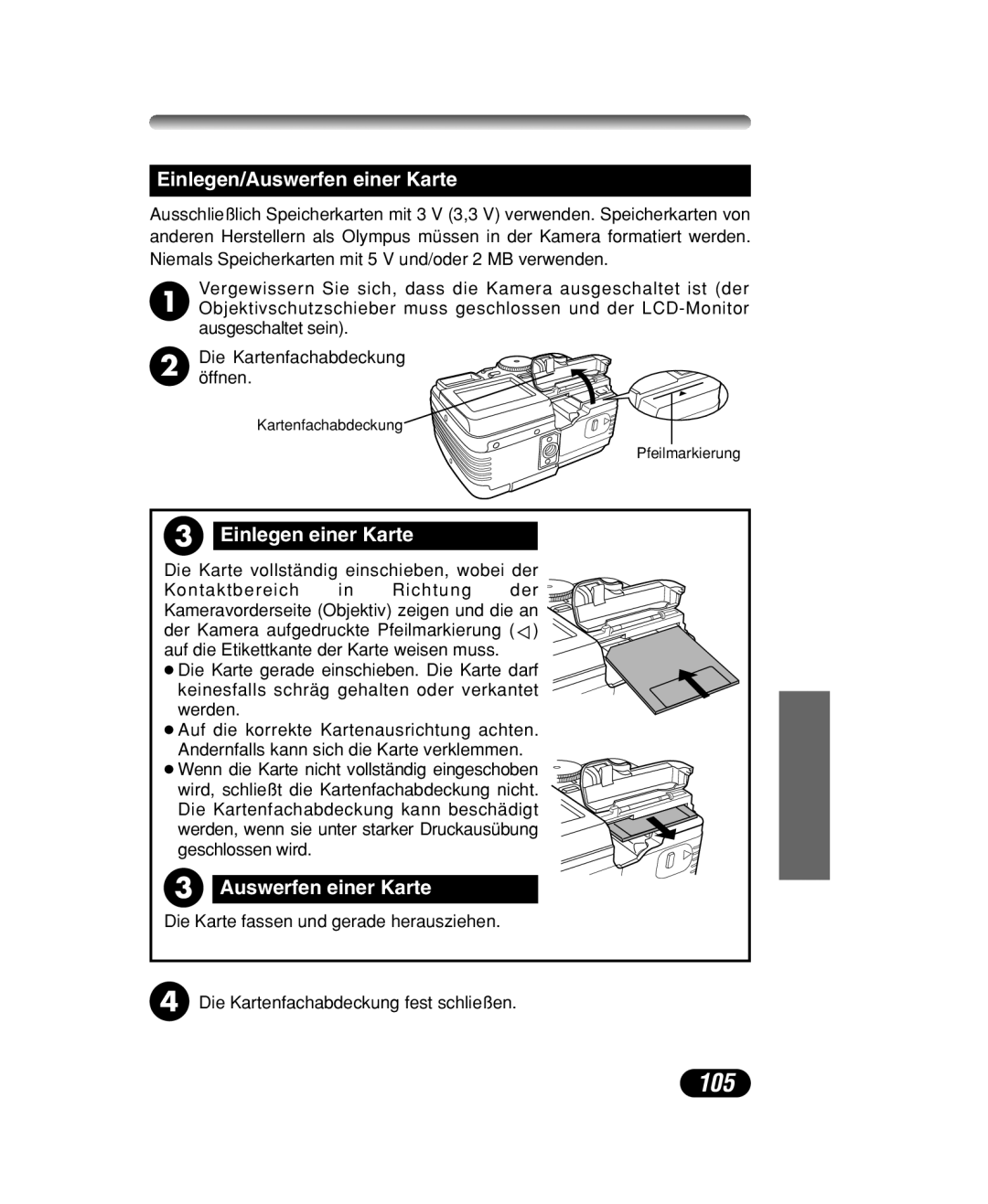 Olympus C-40 ZOOM manual 105, Einlegen/Auswerfen einer Karte, Einlegen einer Karte 