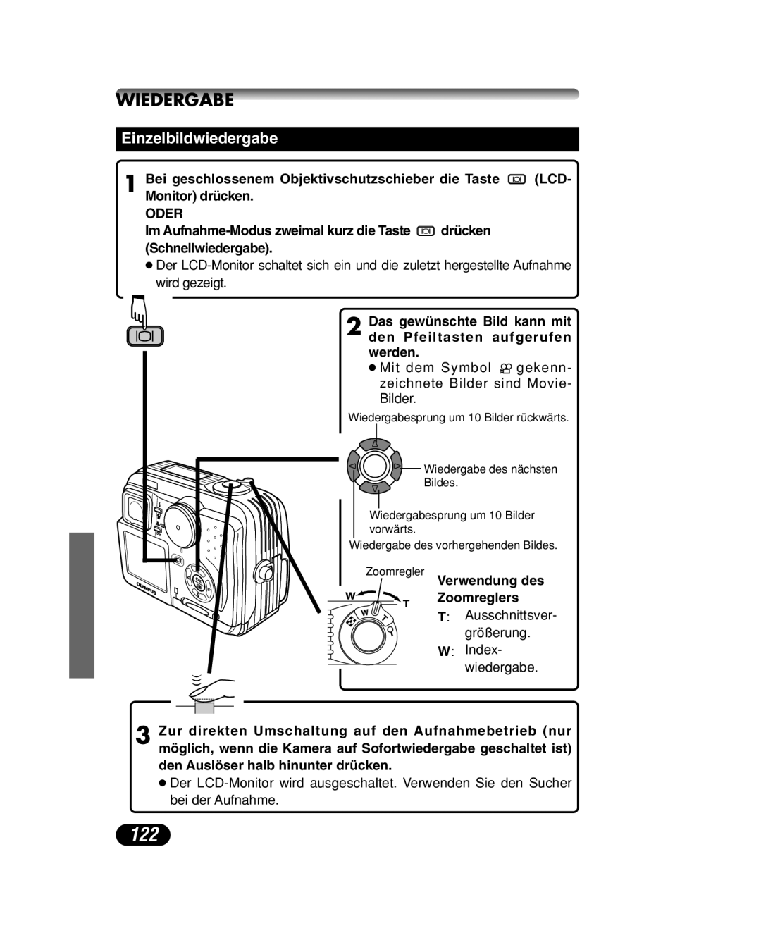 Olympus C-40 ZOOM manual 122, Wiedergabe, Einzelbildwiedergabe, Verwendung des Zoomreglers 