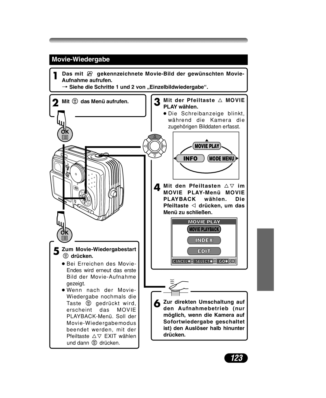 Olympus C-40 ZOOM manual 123, Movie-Wiedergabe, Mit der Pfeiltaste Ñ Movie Play wählen 