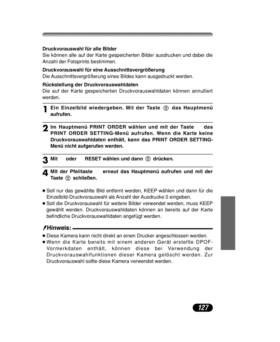 Olympus C-40 ZOOM manual 127, Druckvorauswahl für alle Bilder, Druckvorauswahl für eine Ausschnittsvergrößerung 