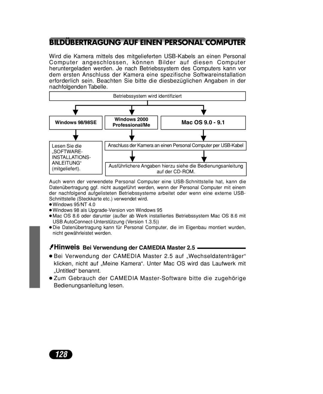 Olympus C-40 ZOOM manual 128, Bildübertragung AUF Einen Personal Computer, Bei Verwendung der Camedia Master 