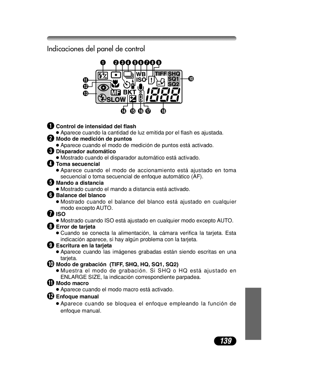 Olympus C-40 ZOOM manual 139, Indicaciones del panel de control 