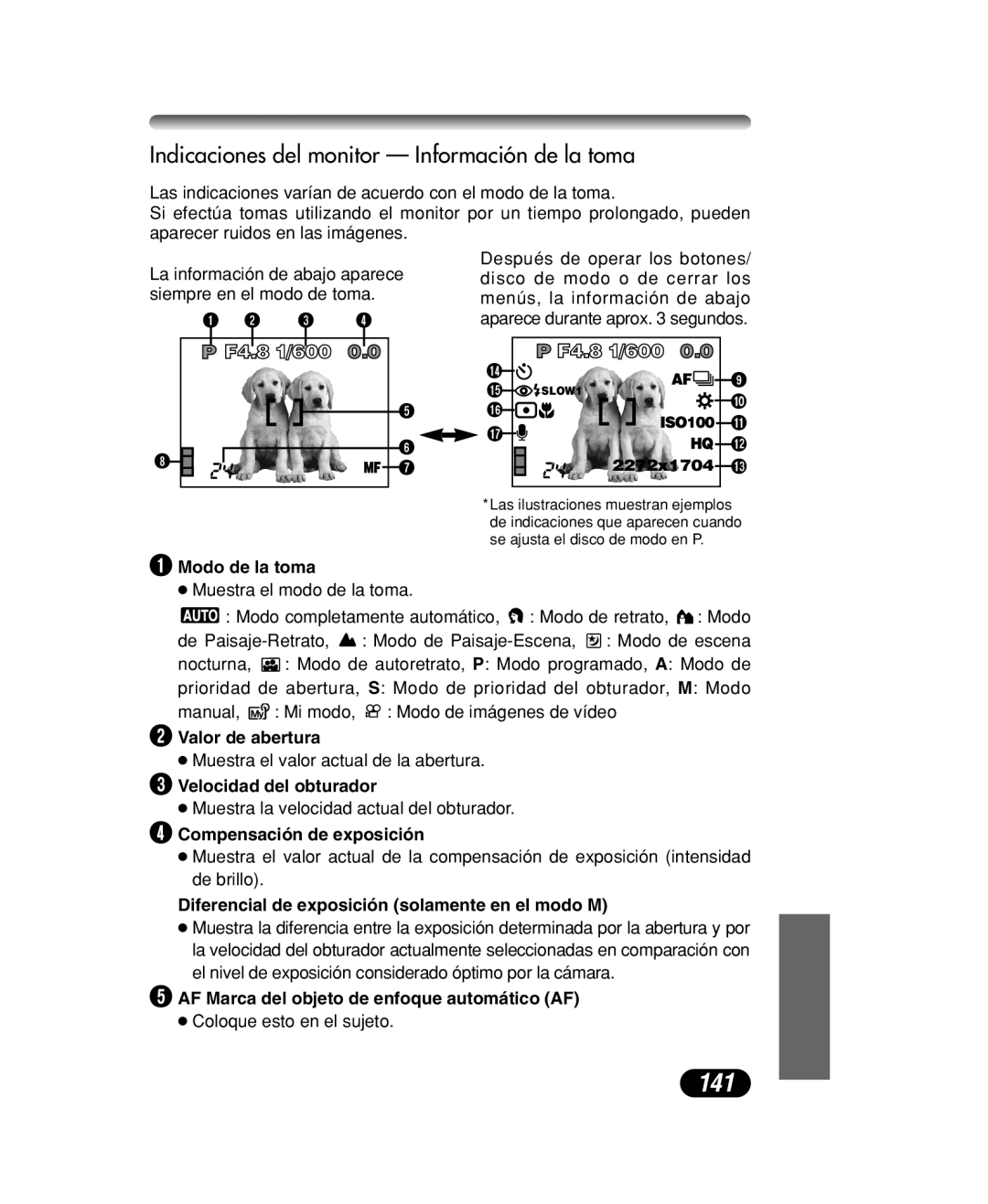 Olympus C-40 ZOOM manual 141, Indicaciones del monitor Información de la toma 