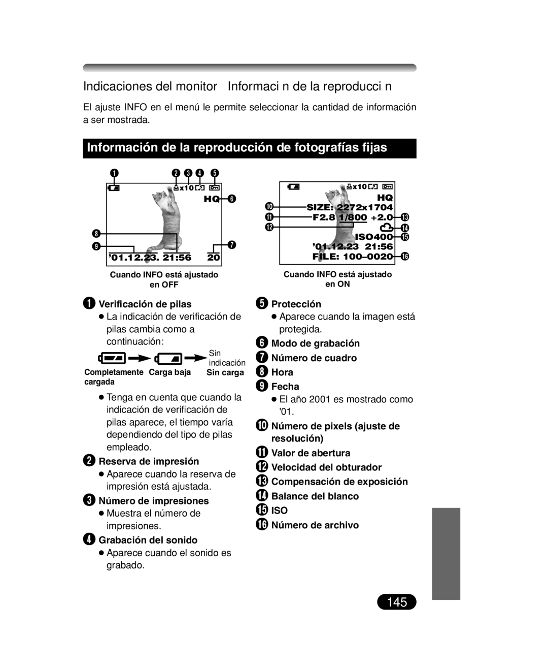 Olympus C-40 ZOOM manual 145, Indicaciones del monitor Información de la reproducción 