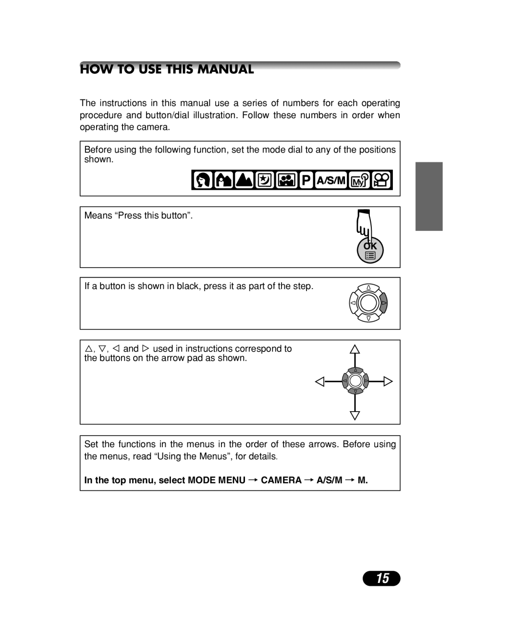 Olympus C-40 ZOOM manual HOW to USE this Manual, Top menu, select Mode Menu T Camera T A/S/M T M 