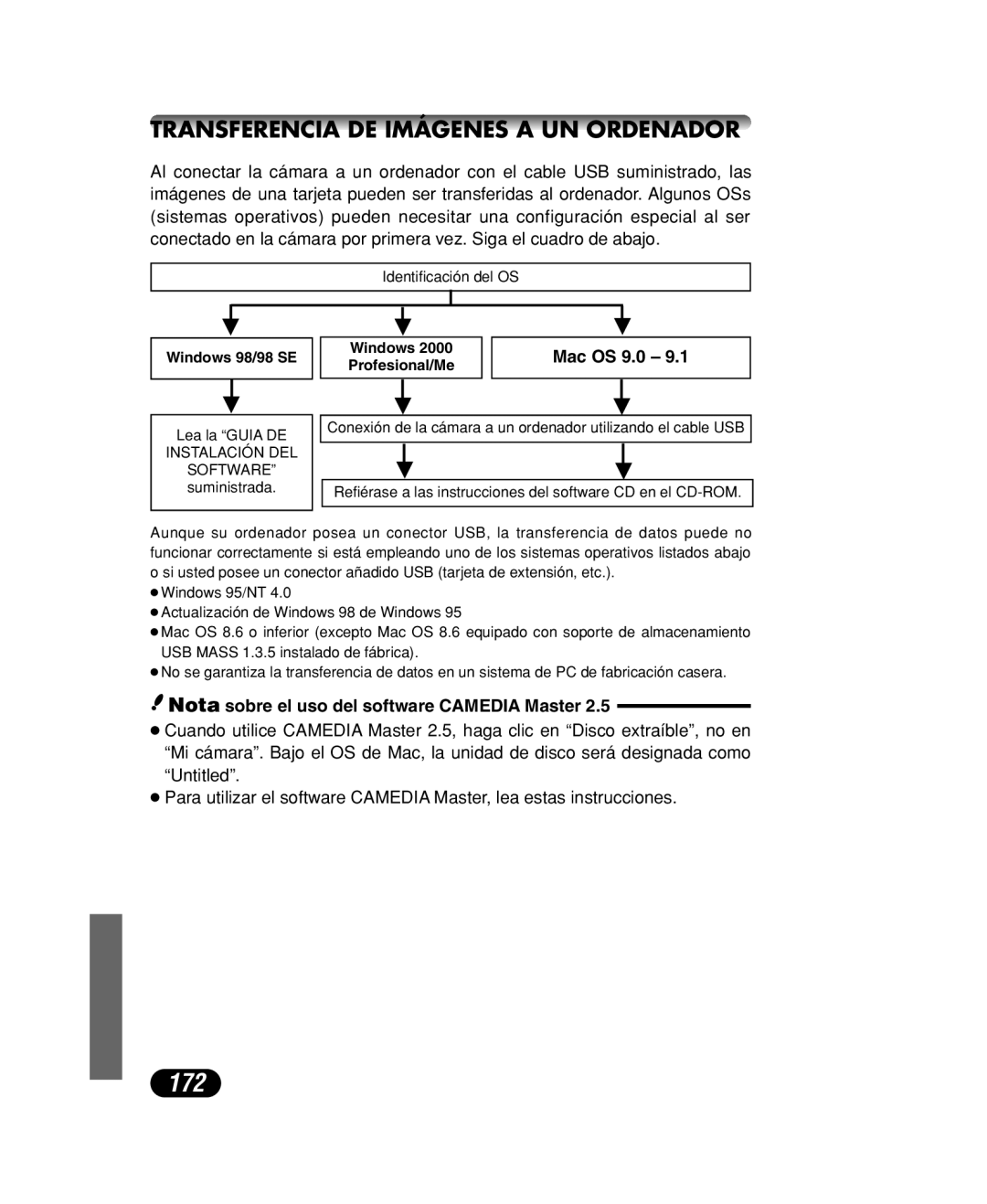 Olympus C-40 ZOOM manual 172, Transferencia DE Imágenes a UN Ordenador, Nota sobre el uso del software Camedia Master 