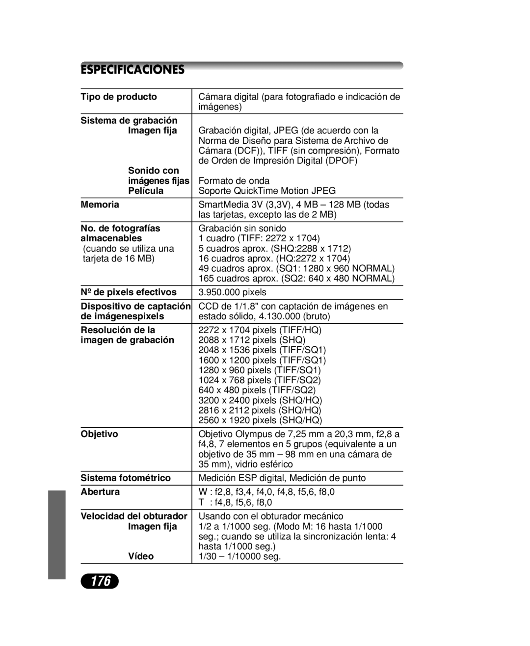 Olympus C-40 ZOOM manual 176, Especificaciones 