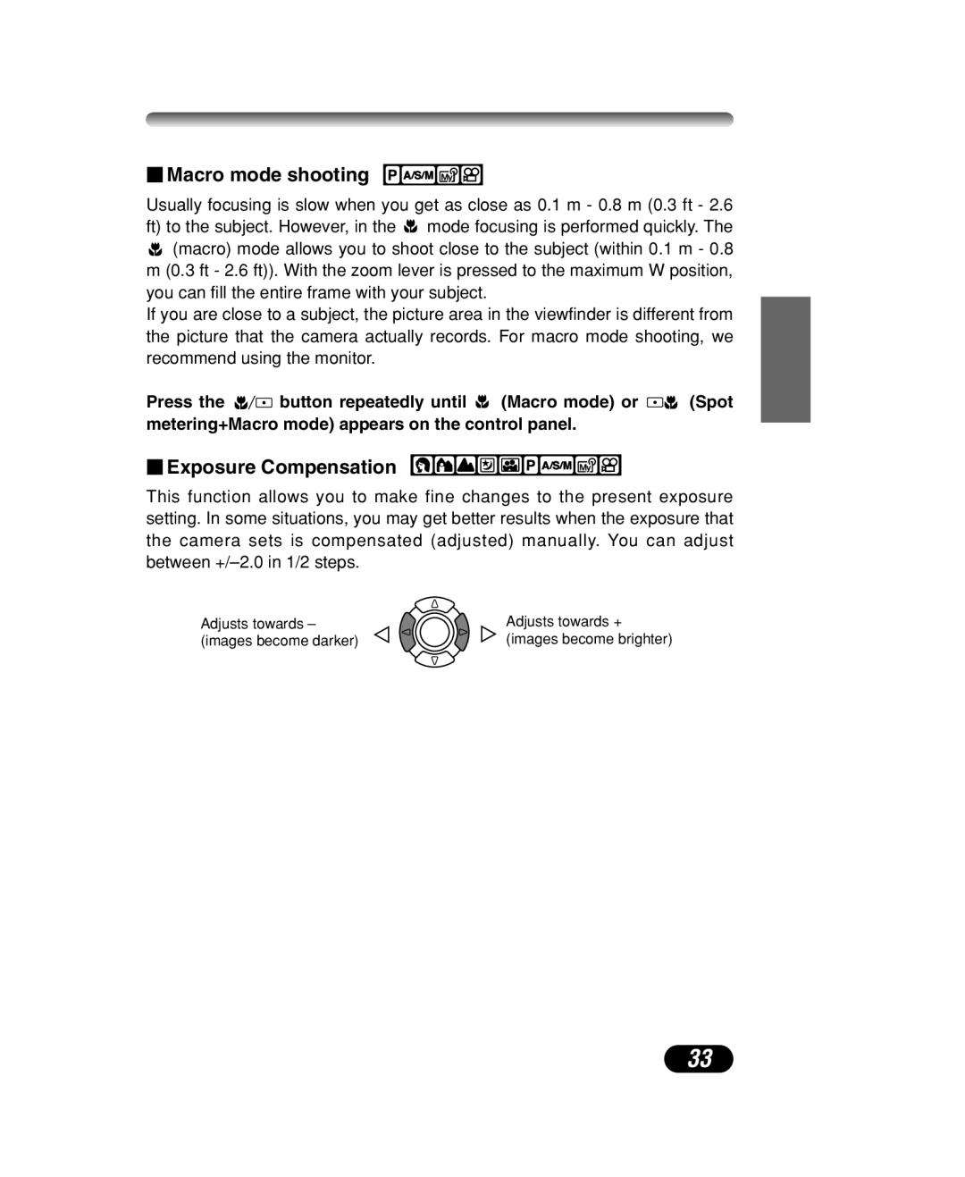 Olympus C-40 ZOOM manual  Macro mode shooting,  Exposure Compensation 