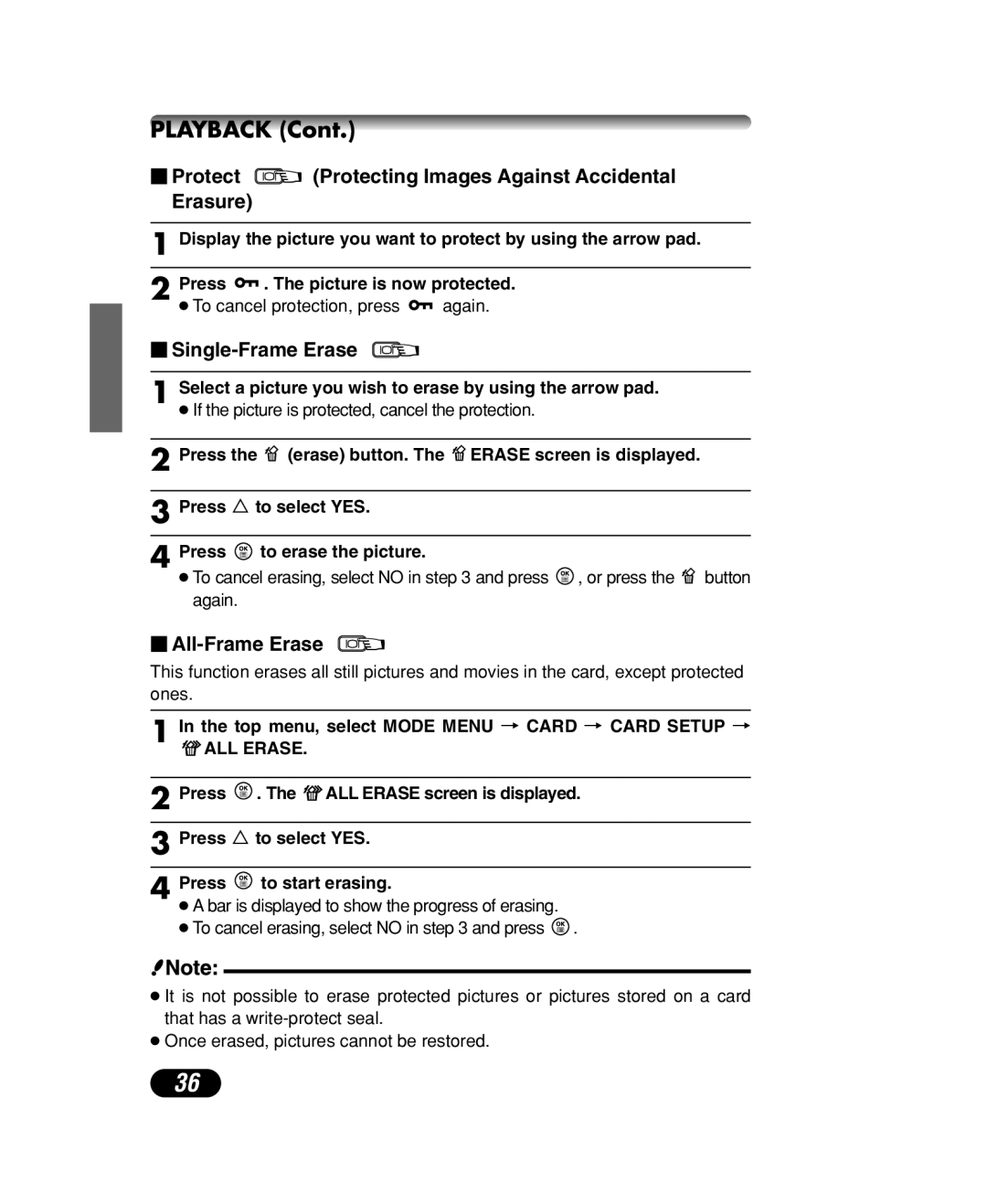 Olympus C-40 ZOOM manual  Protect Protecting Images Against Accidental Erasure,  Single-Frame Erase,  All-Frame Erase 