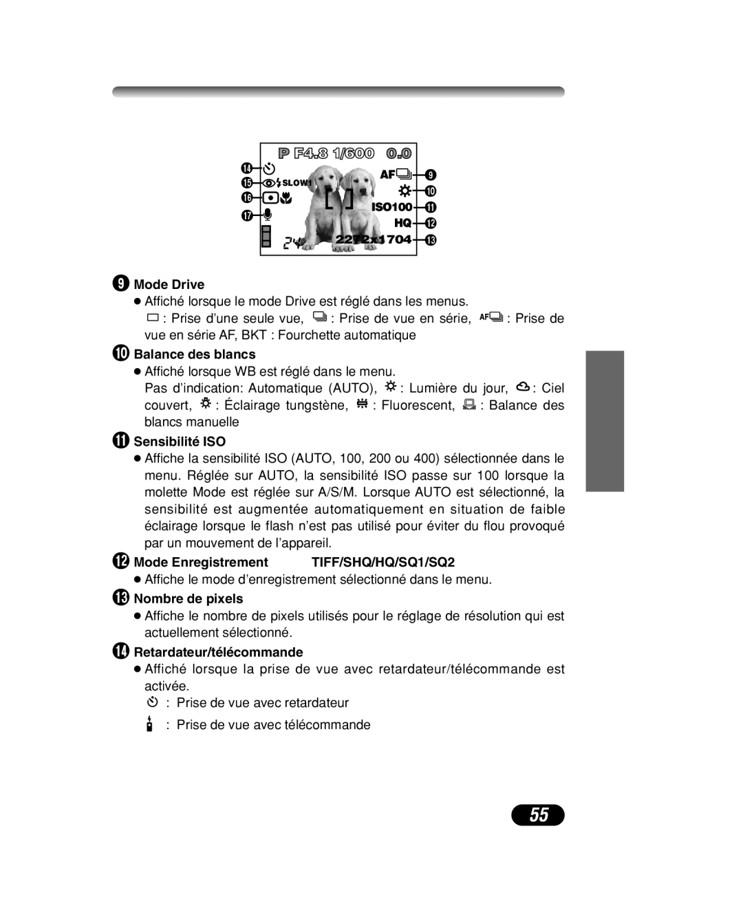 Olympus C-40 ZOOM manual Mode Drive, Sensibilité ISO, @ Mode Enregistrement, # Nombre de pixels, $ Retardateur/télécommande 