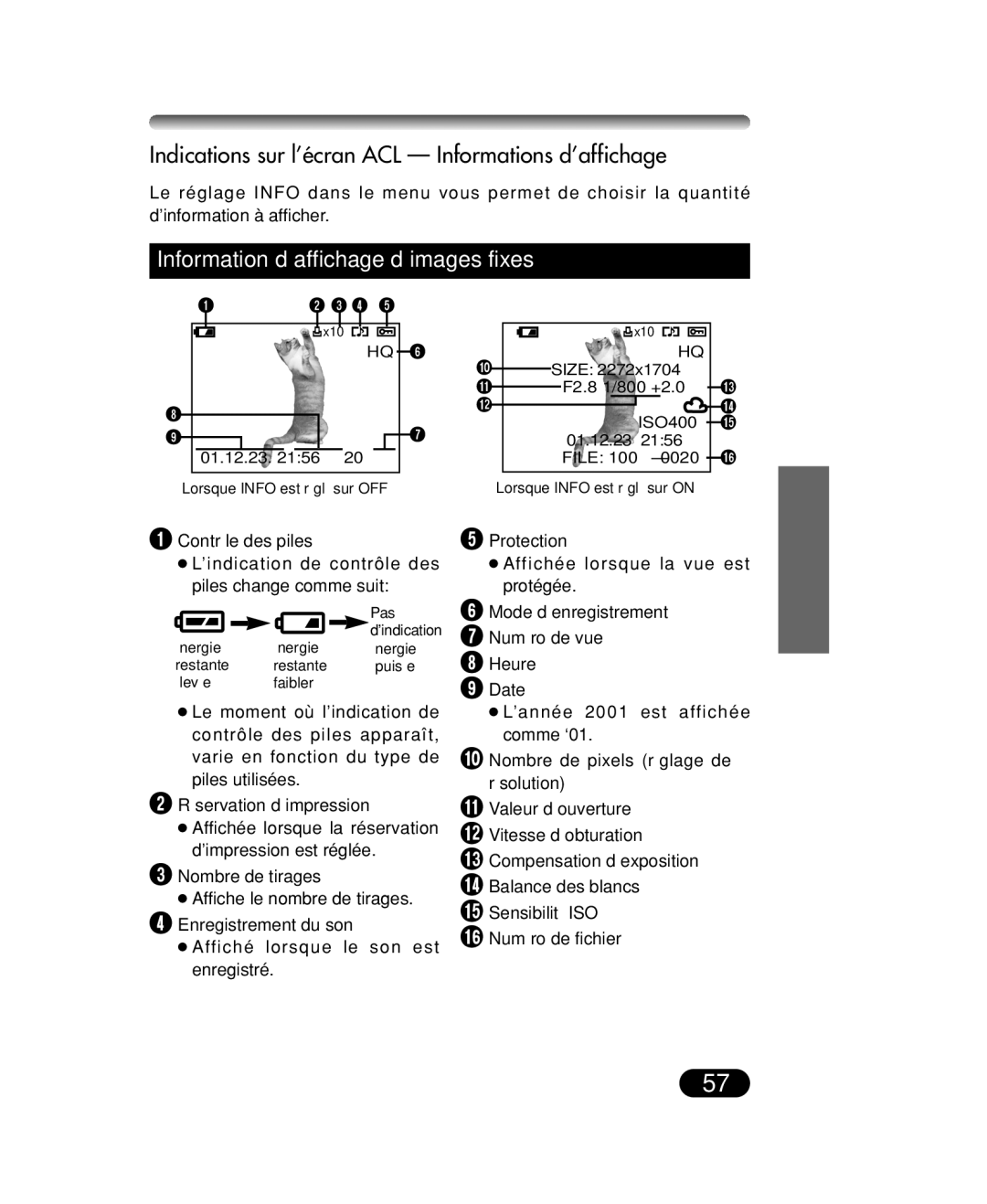 Olympus C-40 ZOOM manual Indications sur l’écran ACL Informations d’affichage, Réservation d’impression, Nombre de tirages 