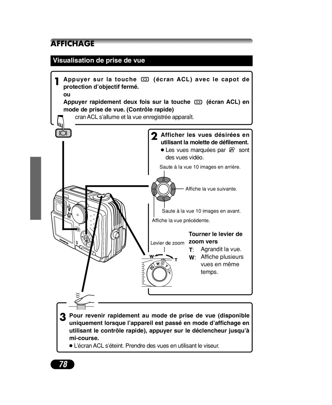 Olympus C-40 ZOOM manual Affichage, Visualisation de prise de vue, Tourner le levier de 