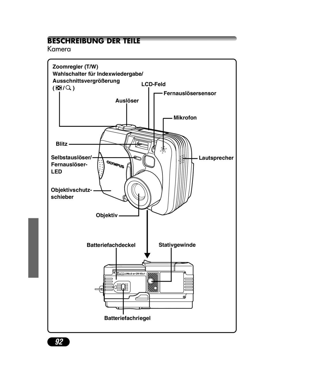 Olympus C-40 ZOOM manual Beschreibung DER Teile, Kamera 