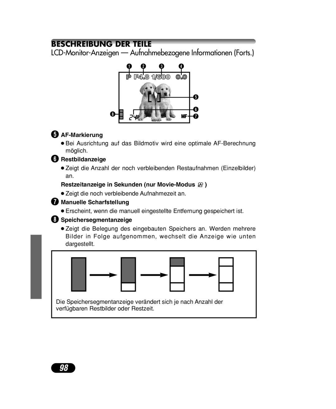 Olympus C-40 ZOOM manual Restbildanzeige, Restzeitanzeige in Sekunden nur Movie-Modus, Manuelle Scharfstellung 