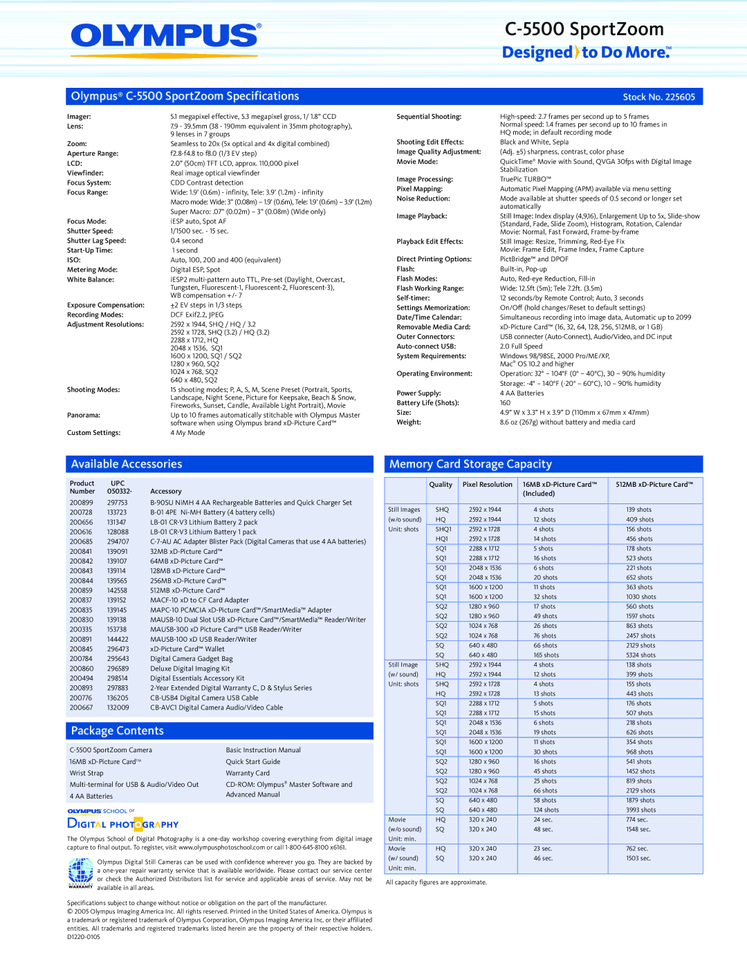 Olympus Olympus C-5500 SportZoom Specifications, Available Accessories, Package Contents, Memory Card Storage Capacity 