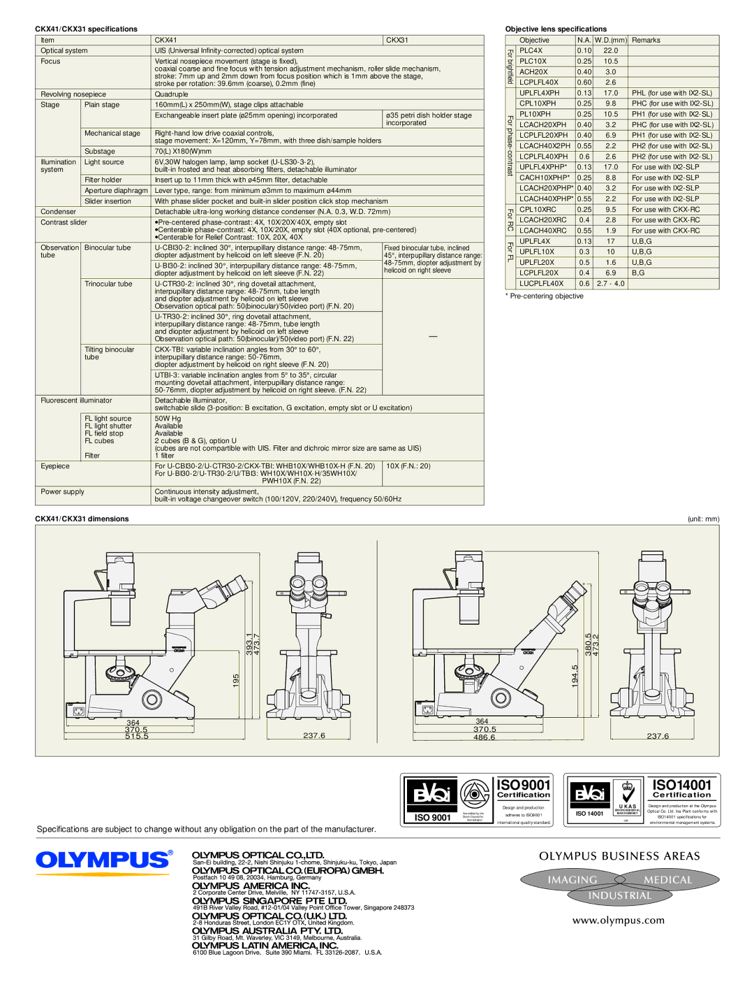 Olympus CKX41 manual ISO9001 ISO14001 