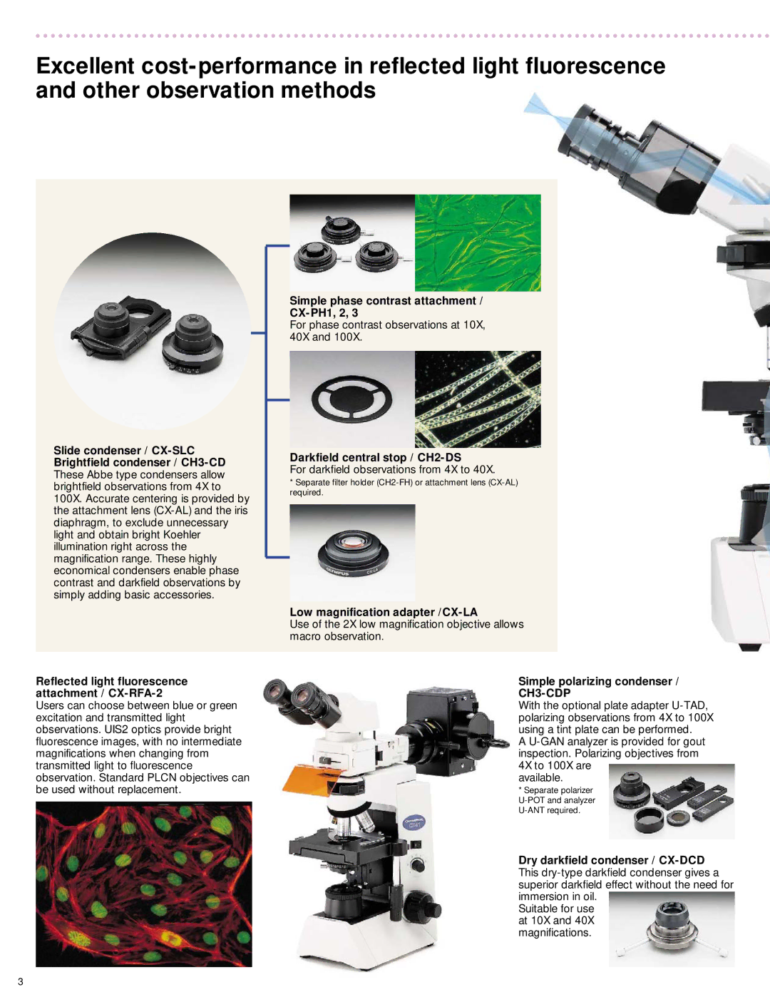 Olympus CS41 manual Reflected light fluorescence attachment / CX-RFA-2, Simple phase contrast attachment CX-PH1, 2 