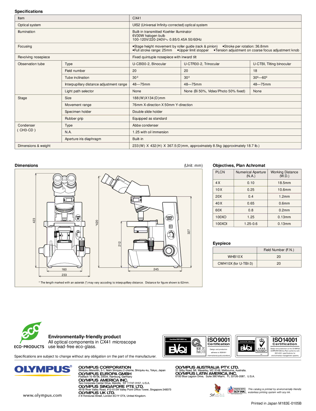 Olympus CS41 manual Environmentally-friendly product, Specifications 