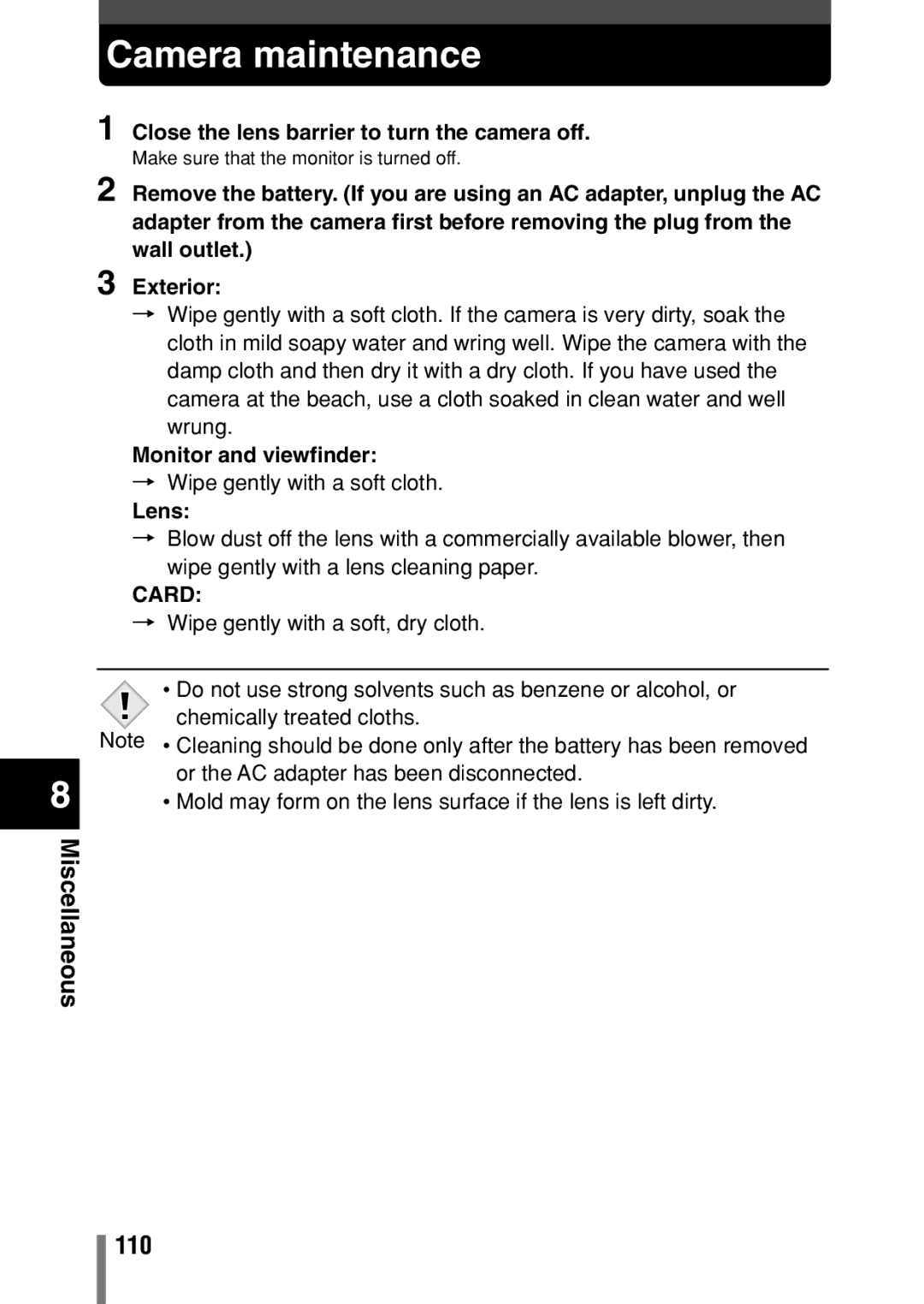 Olympus D-390, D390, C-150 operation manual Camera maintenance, 110, Monitor and viewfinder, Lens, Card 