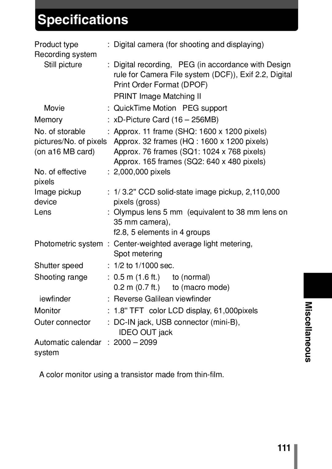 Olympus D390, D-390, C-150 operation manual Specifications, Miscellaneous 111 