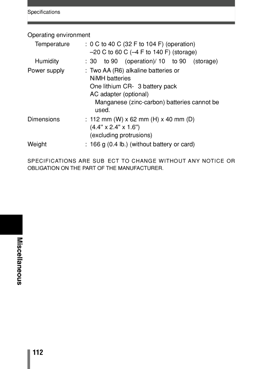 Olympus C-150, D-390, D390 operation manual Miscellaneous 112 