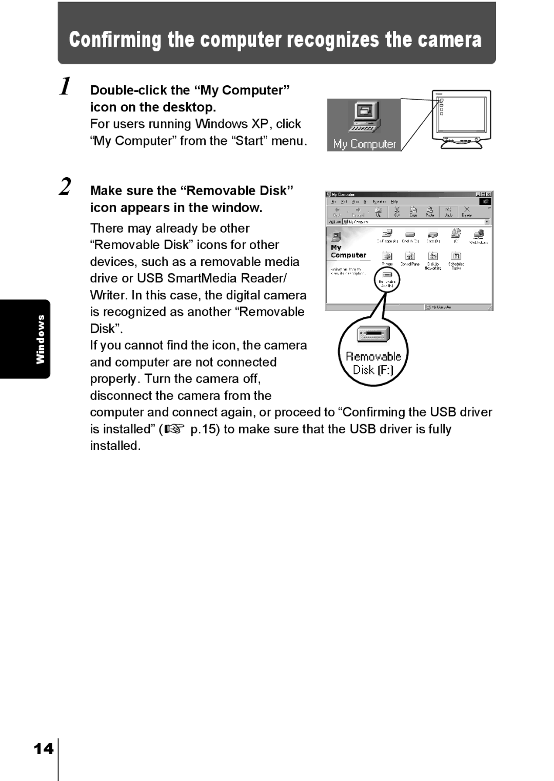 Olympus D390, D-390, C-150 operation manual Confirming the computer recognizes the camera 