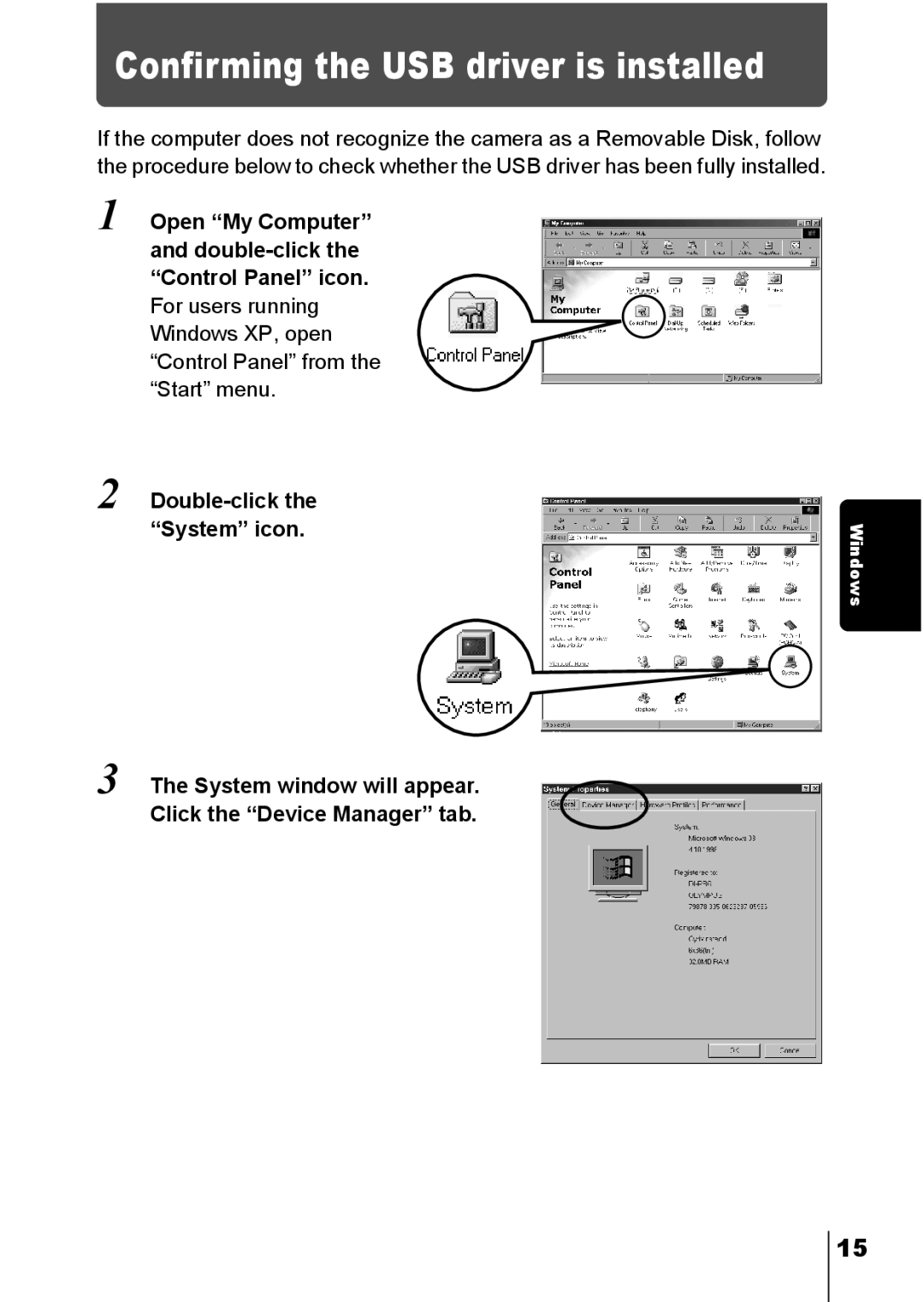 Olympus C-150, D-390, D390 operation manual Confirming the USB driver is installed 