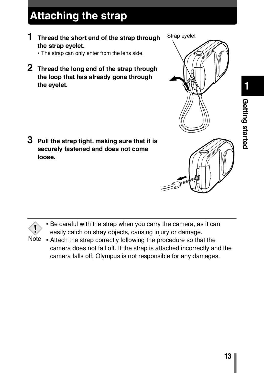 Olympus C-150, D-390, D390 operation manual Attaching the strap, Thread the short end of the strap through 