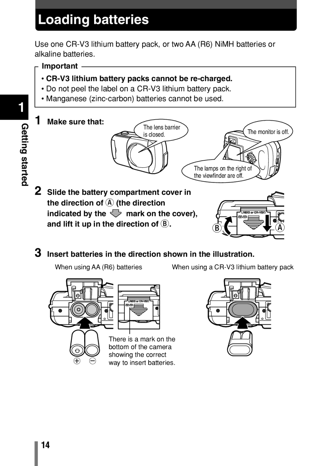 Olympus D-390, D390, C-150 Loading batteries, CR-V3 lithium battery packs cannot be re-charged, Make sure that 