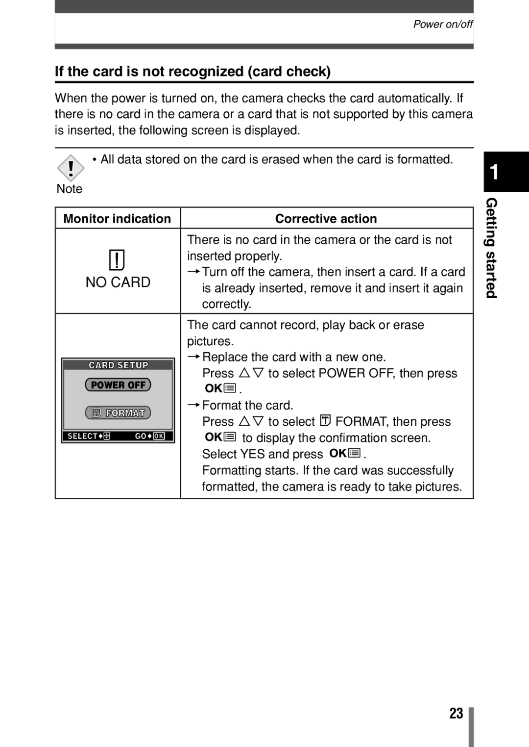 Olympus D-390, D390, C-150 operation manual If the card is not recognized card check, Corrective action 