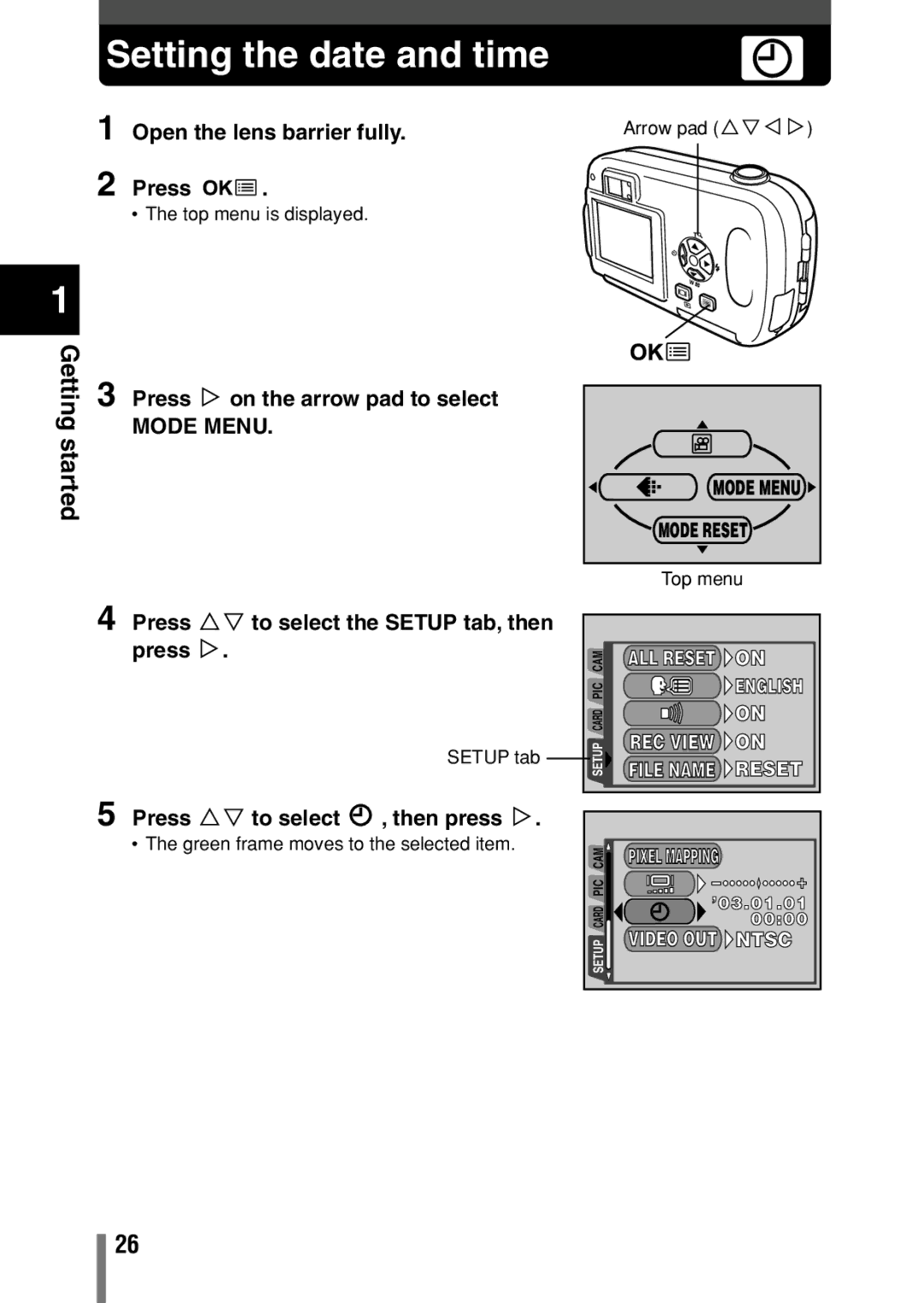 Olympus D-390, D390, C-150 Setting the date and time, Press Ññ to select the Setup tab, then, Press í, Reset, Ntsc 