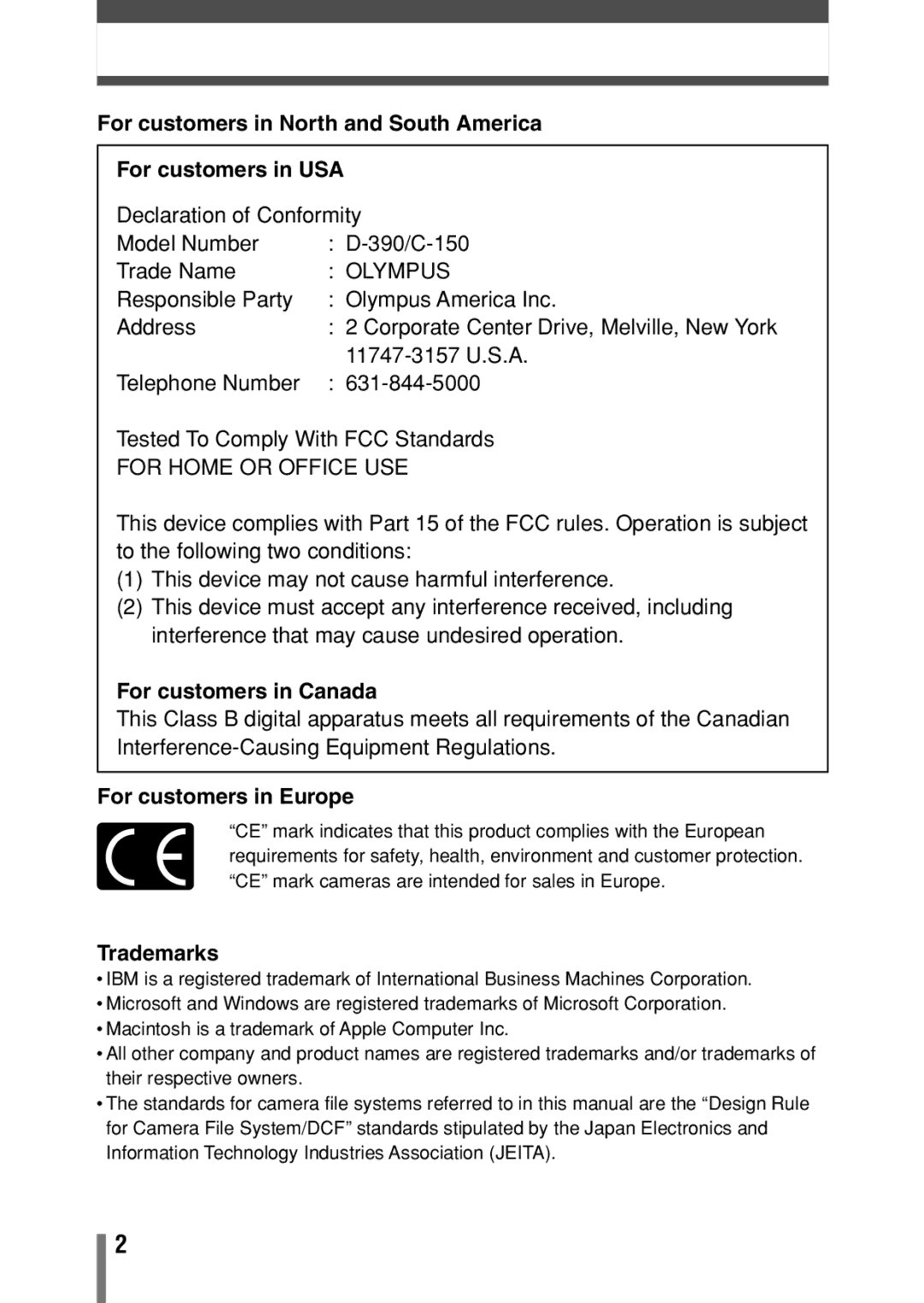 Olympus D-390, D390, C-150 operation manual For customers in Canada, For customers in Europe, Trademarks 