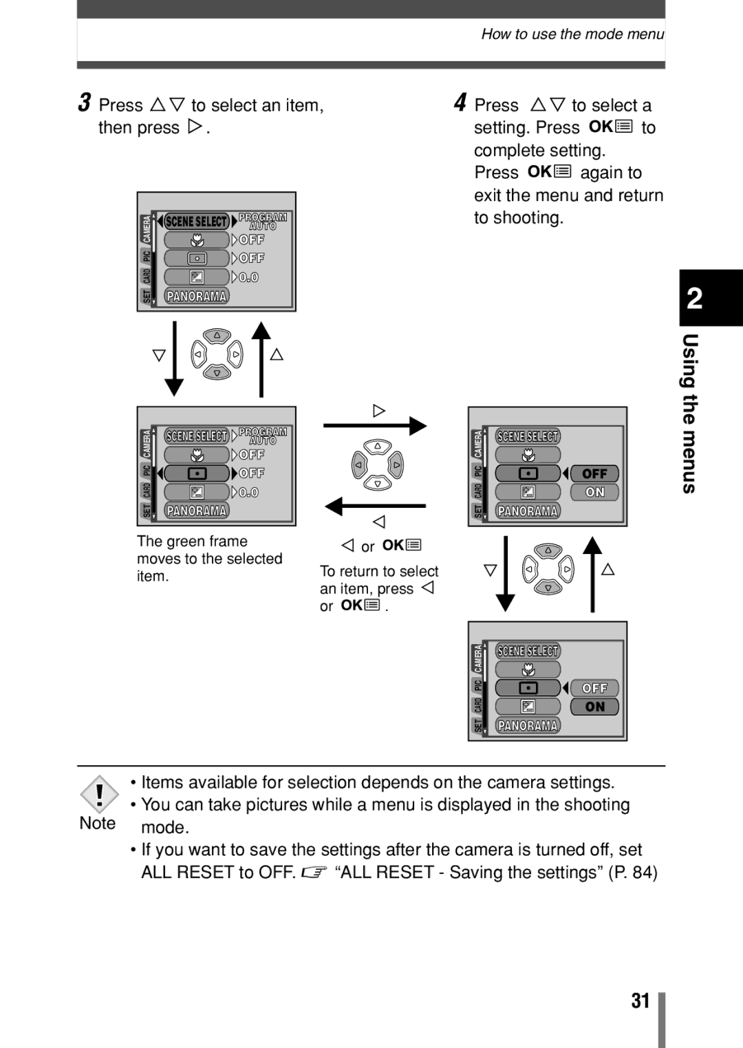 Olympus C-150, D-390, D390 operation manual Using the menus, Press Again to 