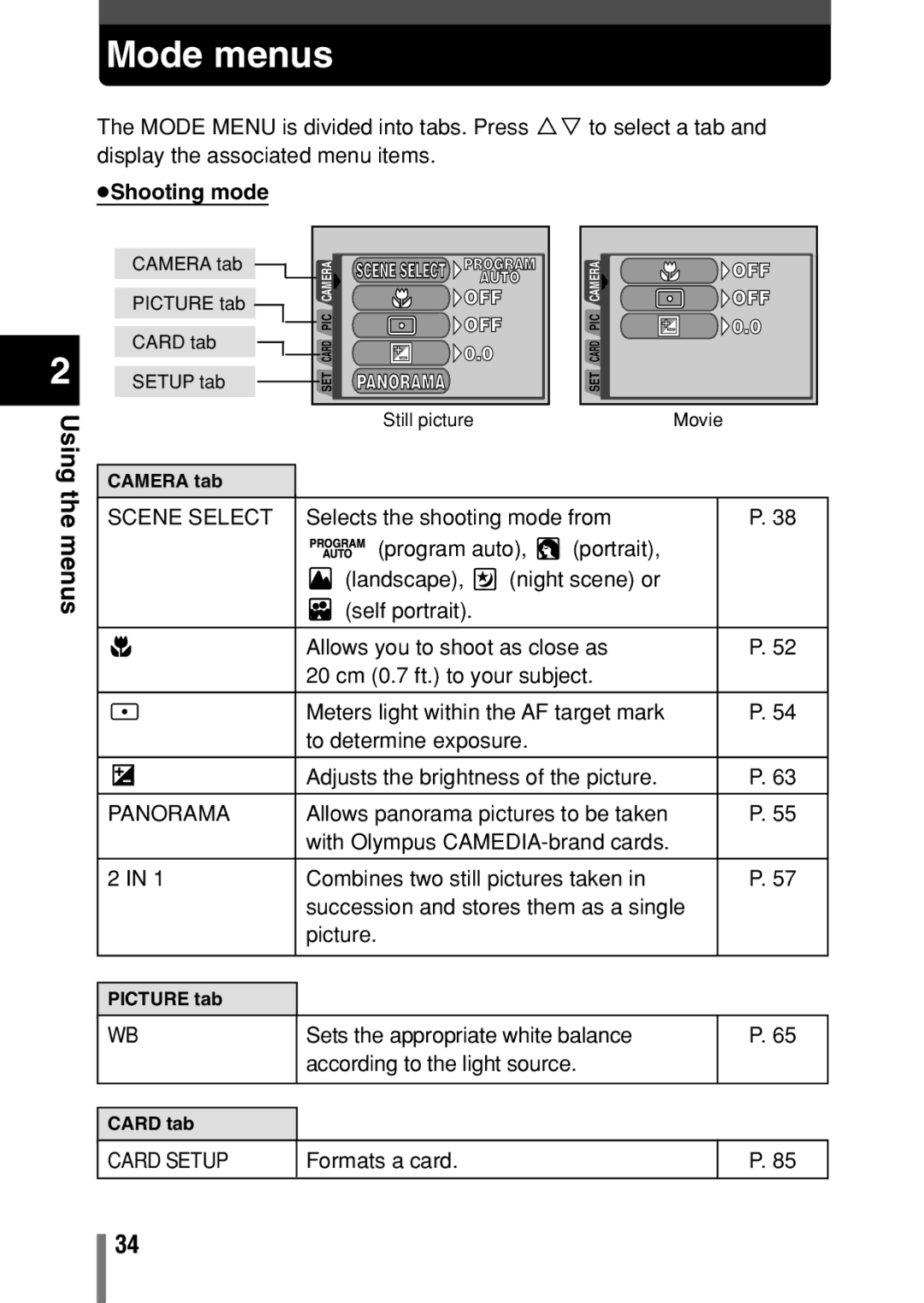 Olympus C-150, D-390, D390 operation manual Mode menus, Panorama 