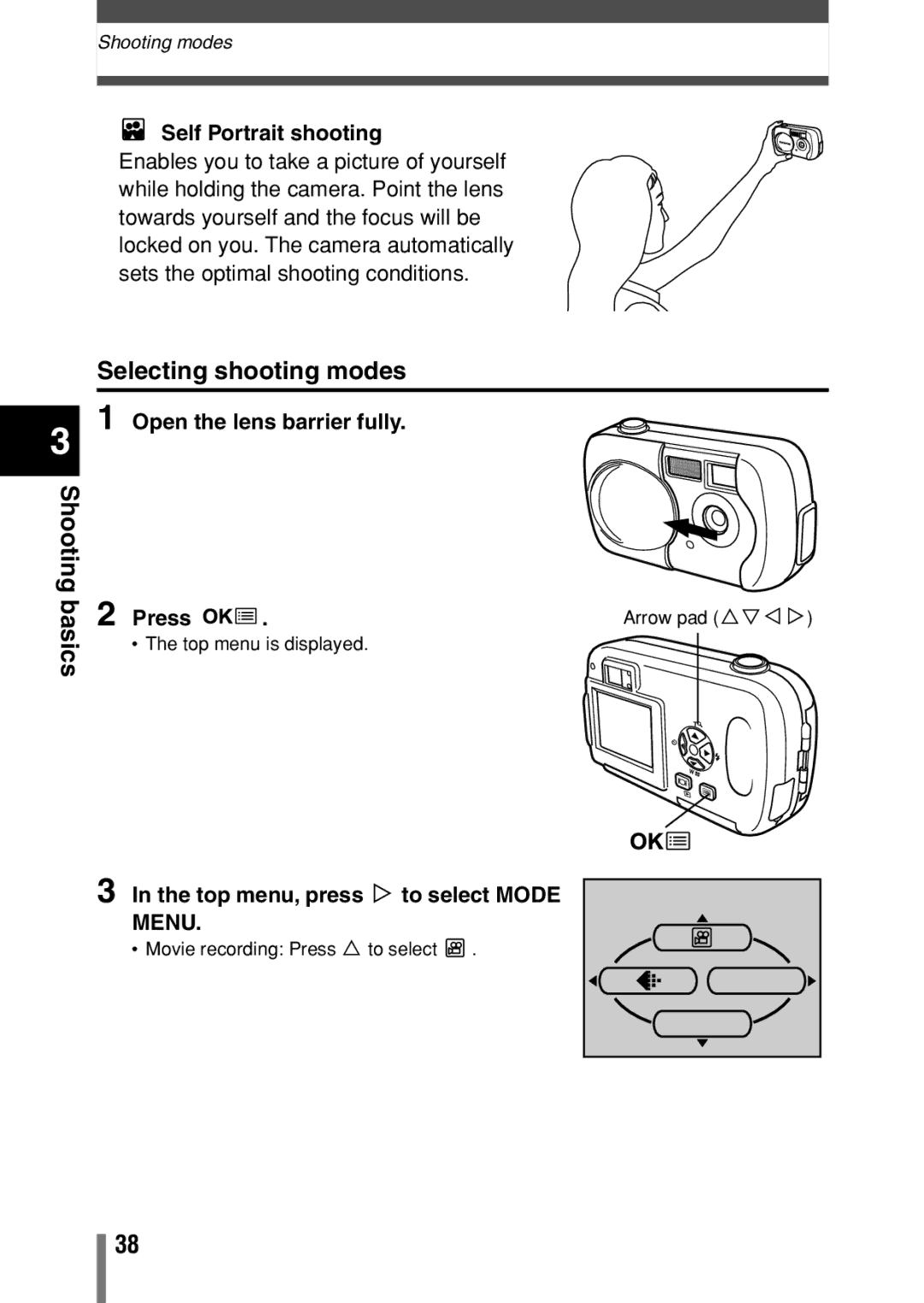 Olympus D-390, D390, C-150 Selecting shooting modes, Self Portrait shooting, Top menu, press í to select Mode, Menu 