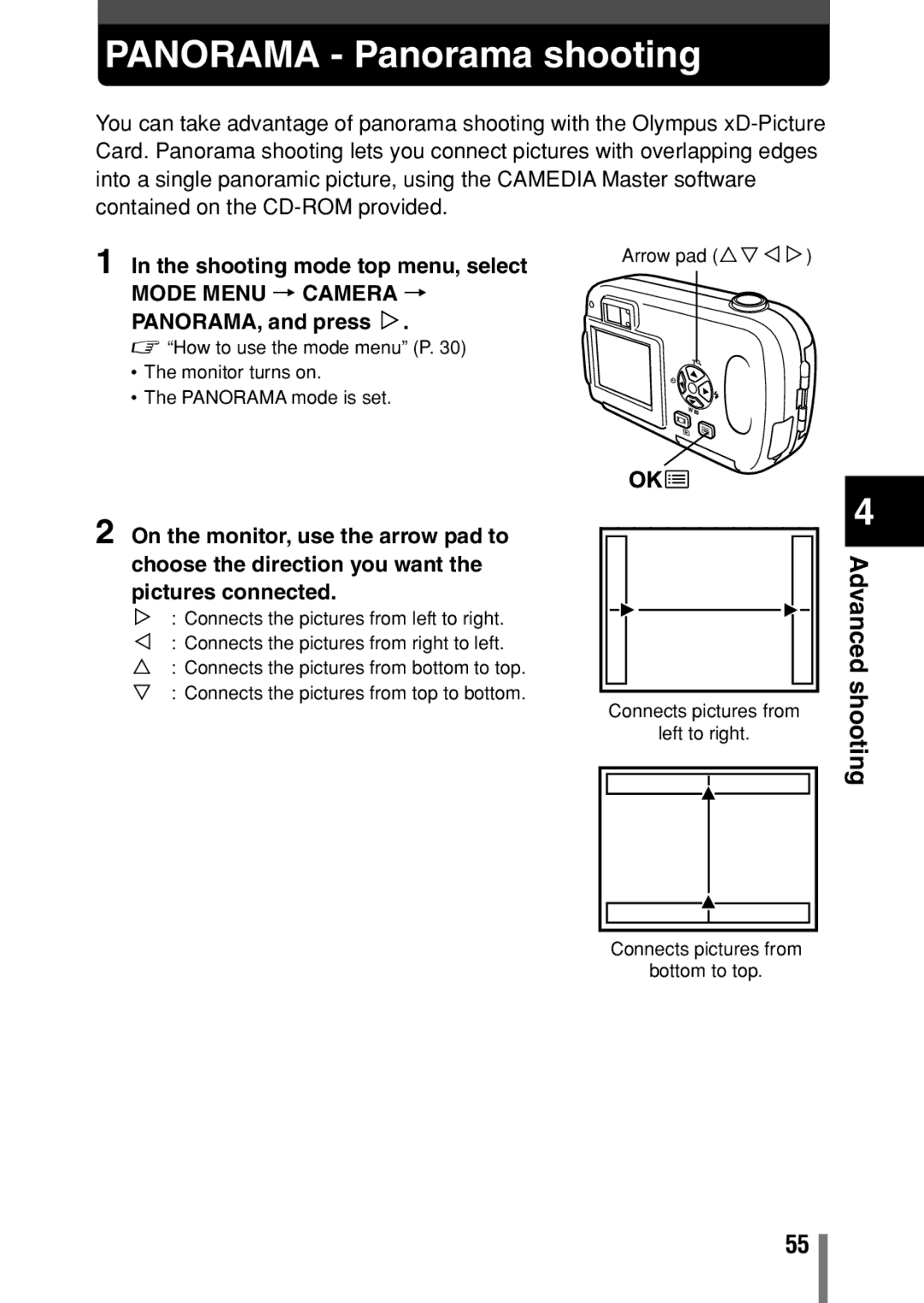 Olympus C-150, D-390, D390 operation manual Panorama Panorama shooting 