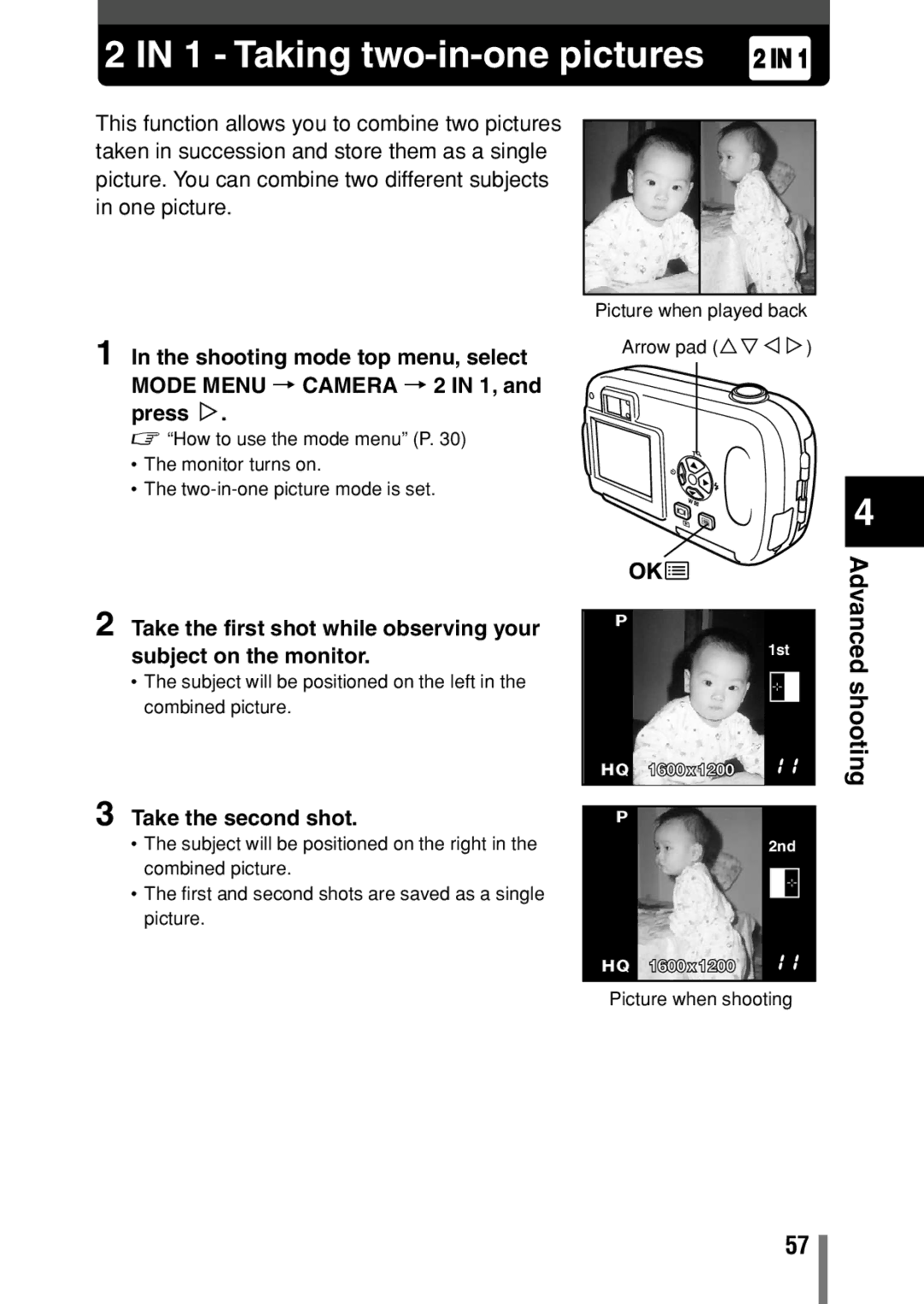 Olympus D390, D-390, C-150 operation manual Taking two-in-one pictures, Take the second shot 