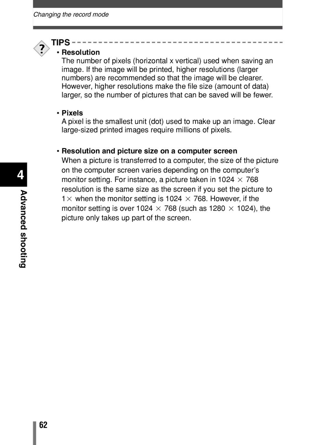 Olympus D-390, D390, C-150 operation manual Pixels, Resolution and picture size on a computer screen 