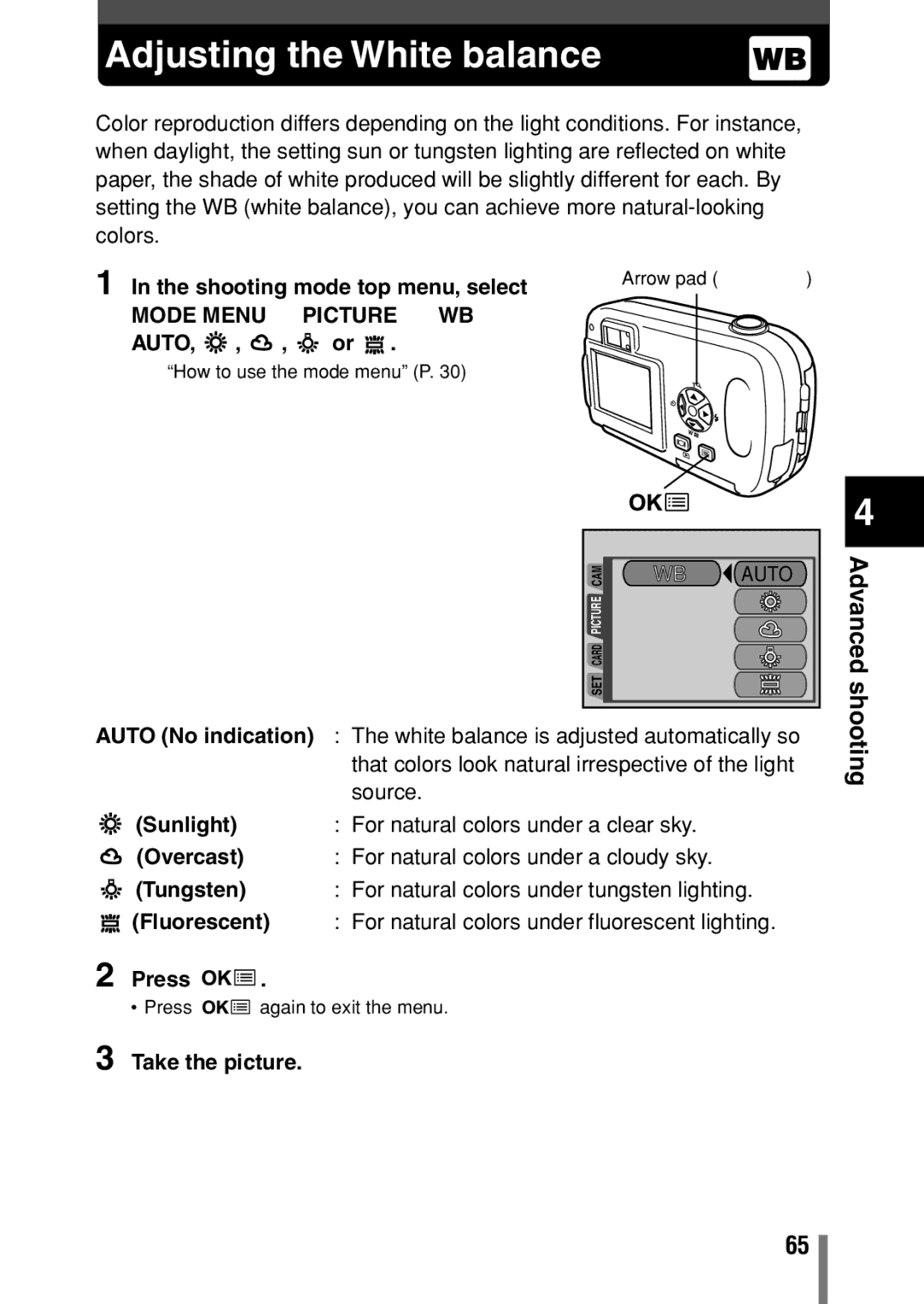 Olympus D-390, D390, C-150 operation manual Adjusting the White balance, Mode Menu T Picture T WB T, AUTO, , , or 