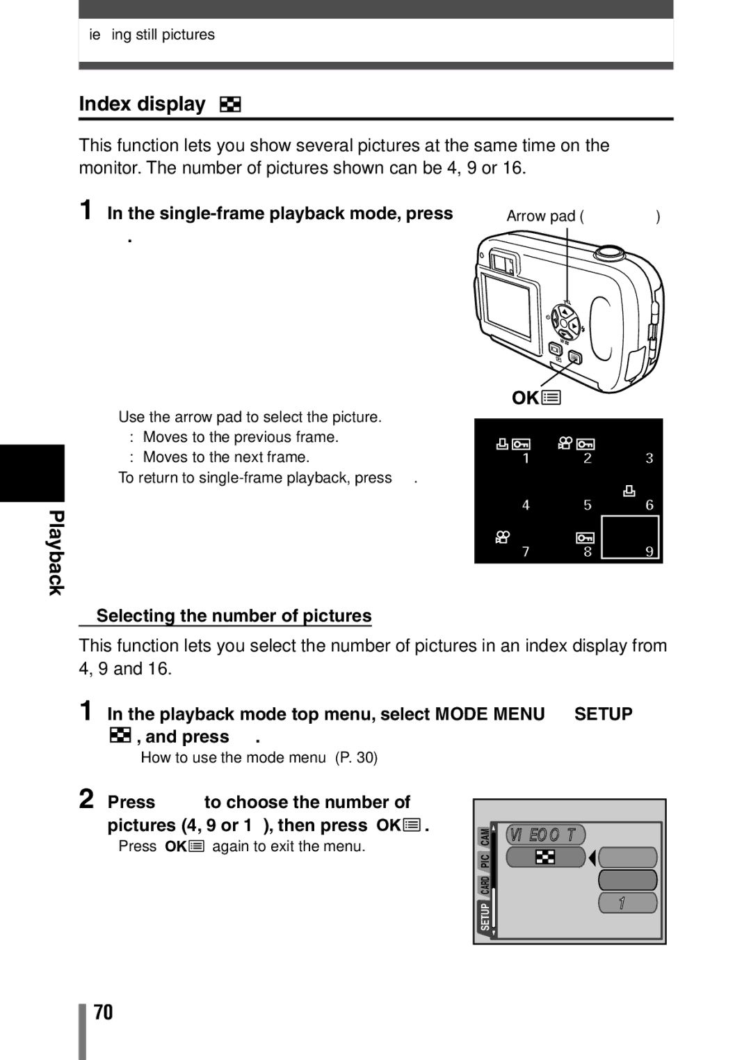 Olympus C-150, D-390, D390 operation manual Playback Index display,  Selecting the number of pictures, Video OUT 