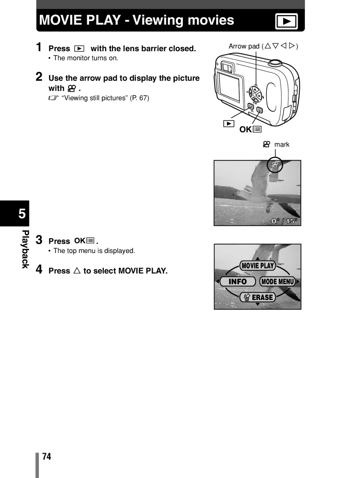 Olympus D-390, D390 Movie Play Viewing movies, Use the arrow pad to display the picture with, Press Ñ to select Movie Play 