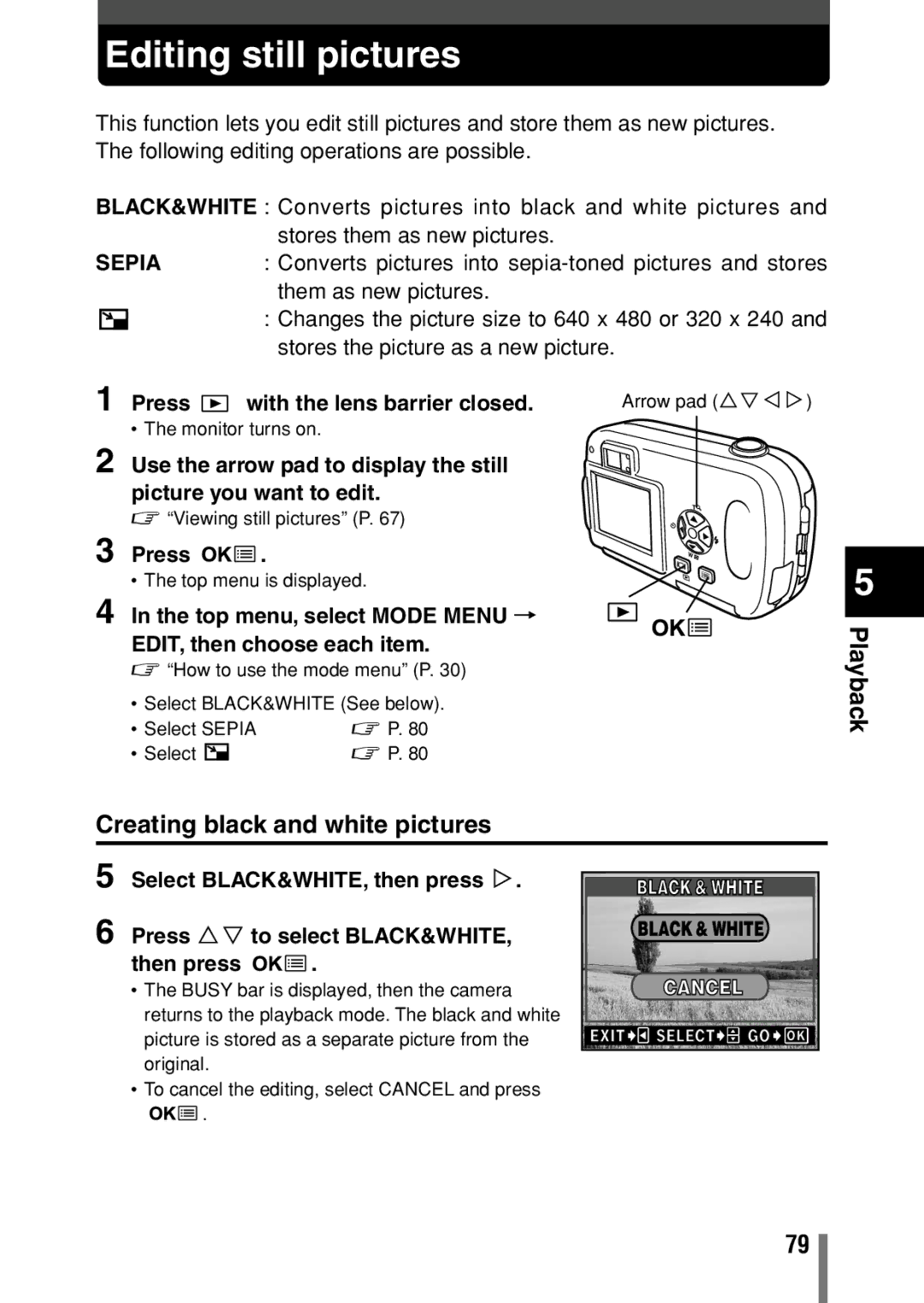 Olympus C-150, D-390, D390 operation manual Editing still pictures, Creating black and white pictures 