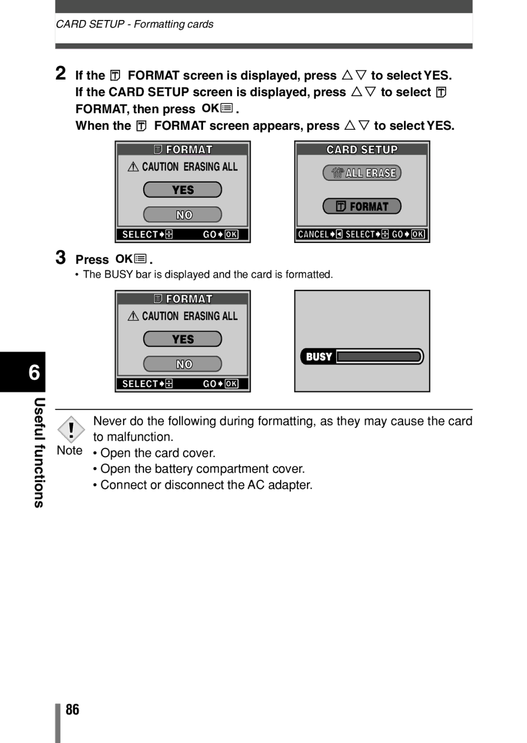 Olympus D-390, D390, C-150 operation manual Format YES, Card Setup ALL Erase Format 