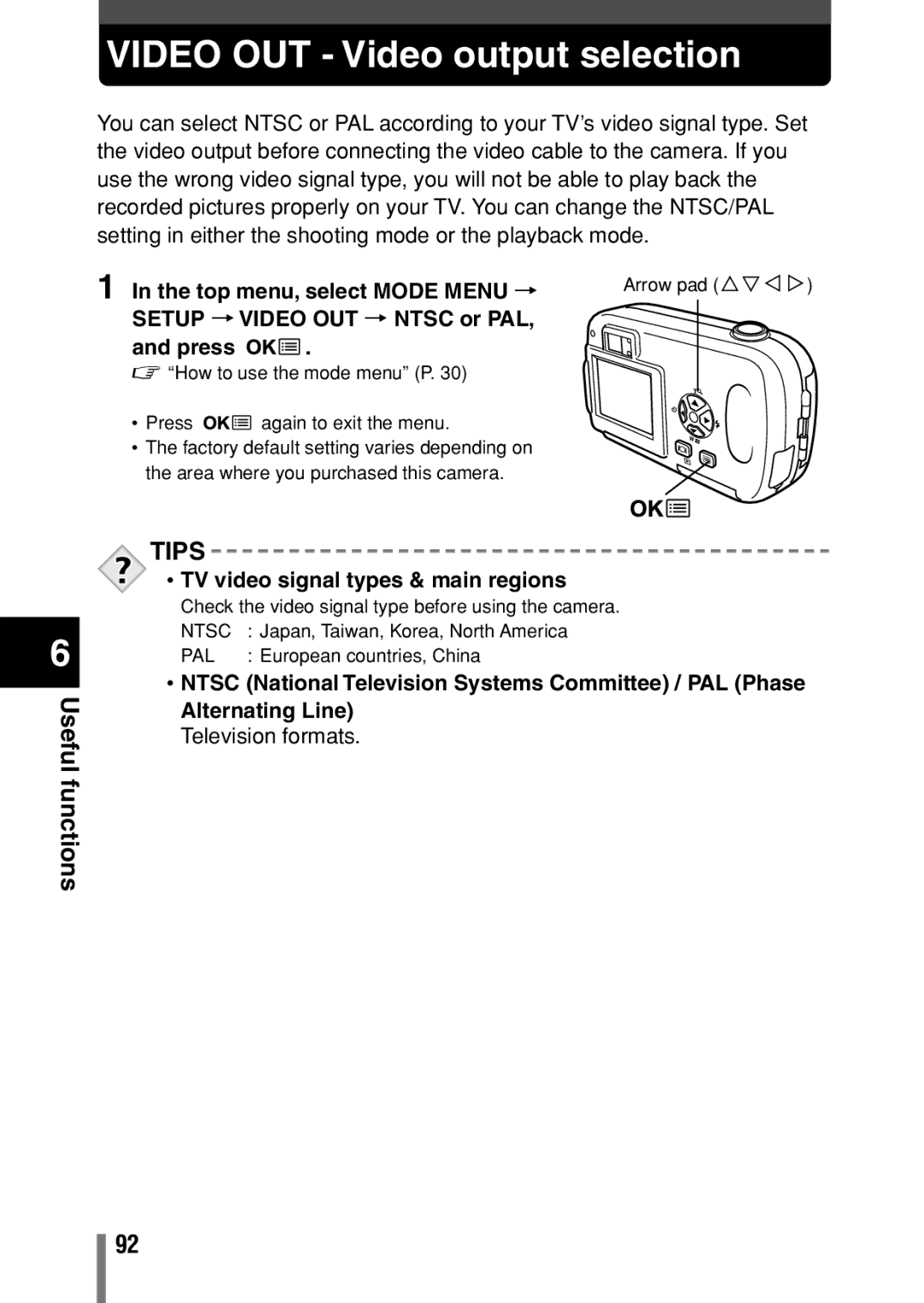 Olympus D-390, D390, C-150 operation manual Video OUT Video output selection, TV video signal types & main regions 