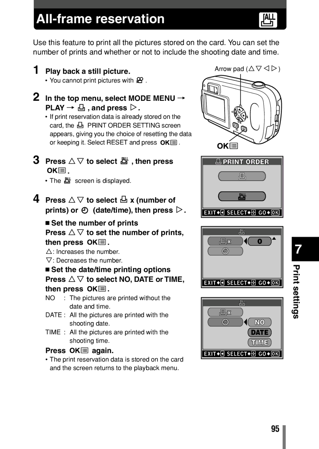 Olympus D-390, D390, C-150 operation manual All-frame reservation, Print Order, Date Time 