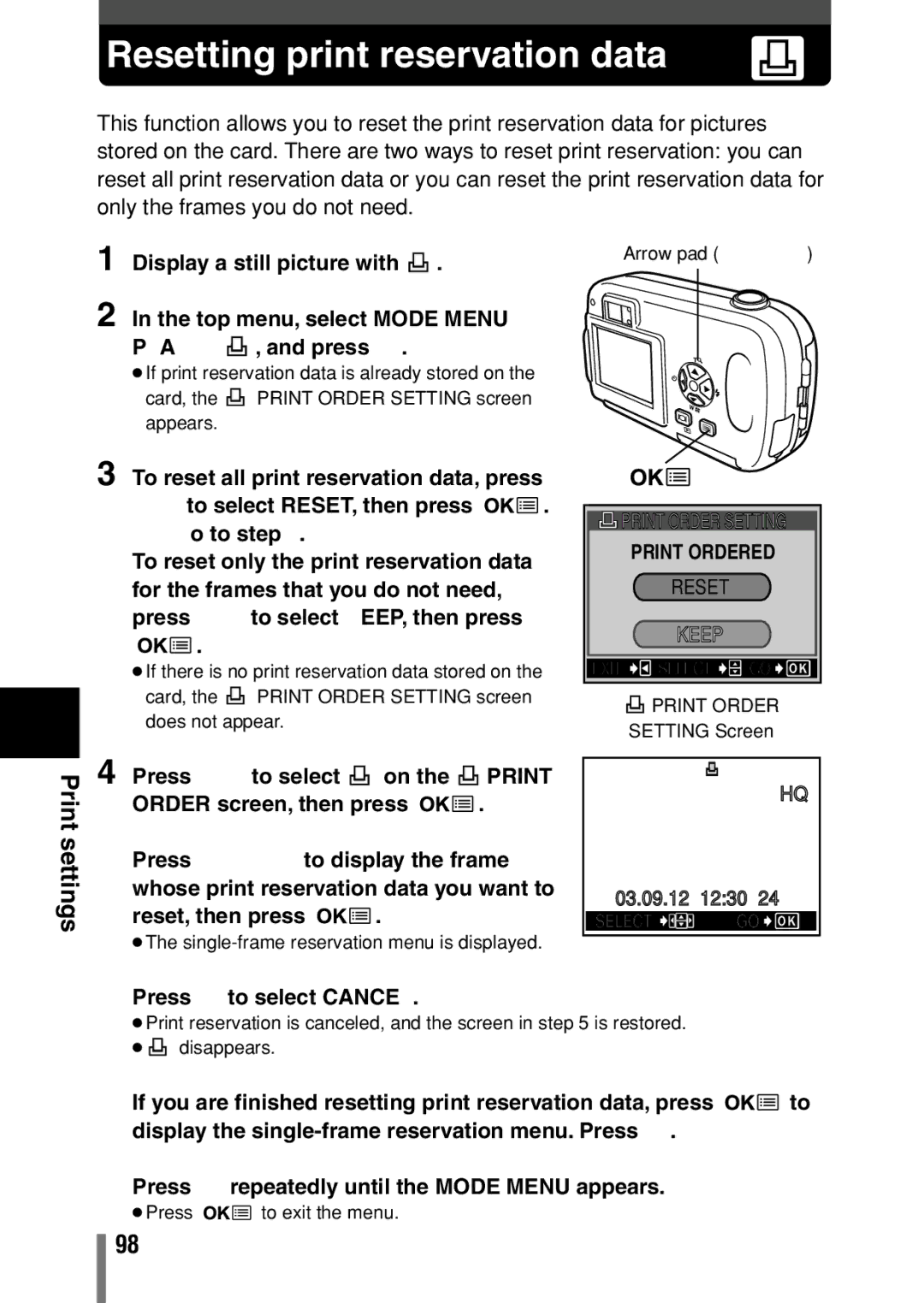 Olympus D-390 Resetting print reservation data, Print Order Setting Print Ordered Reset Keep, Press ñ to select Cancel 